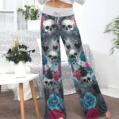 Cyan Skull Rose Pattern Women's High-waisted Wide Leg Pants