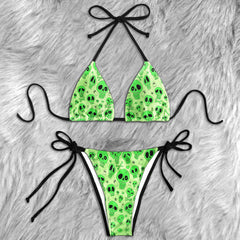 Lime Green Doodle Skull Micro Triangle Bikini Swimsuit