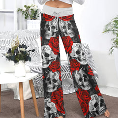 Red Rose Skull Pattern Women's High-waisted Wide Leg Pants