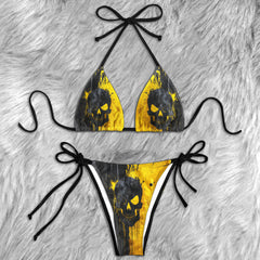 Yellow Cyber Grunge Skull Micro Triangle Bikini Swimsuit