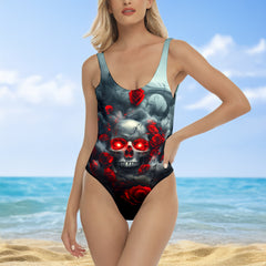 One Piece Bikini Red-Eyed Skull Rose Print Swimwear