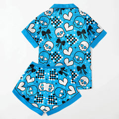 Blue Heart Skull Women's Pajama Sets Top Sleeve & Short Bottom