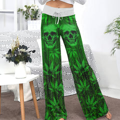Green Skull Leaf Art Women's High-waisted Wide Leg Pants