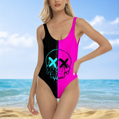 One Piece Bikini Purple Neon Skull Grafiti Print Swimwear