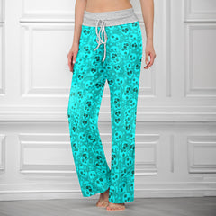 Electric Cyan Skull Pop Women's High-waisted Wide Leg Pants
