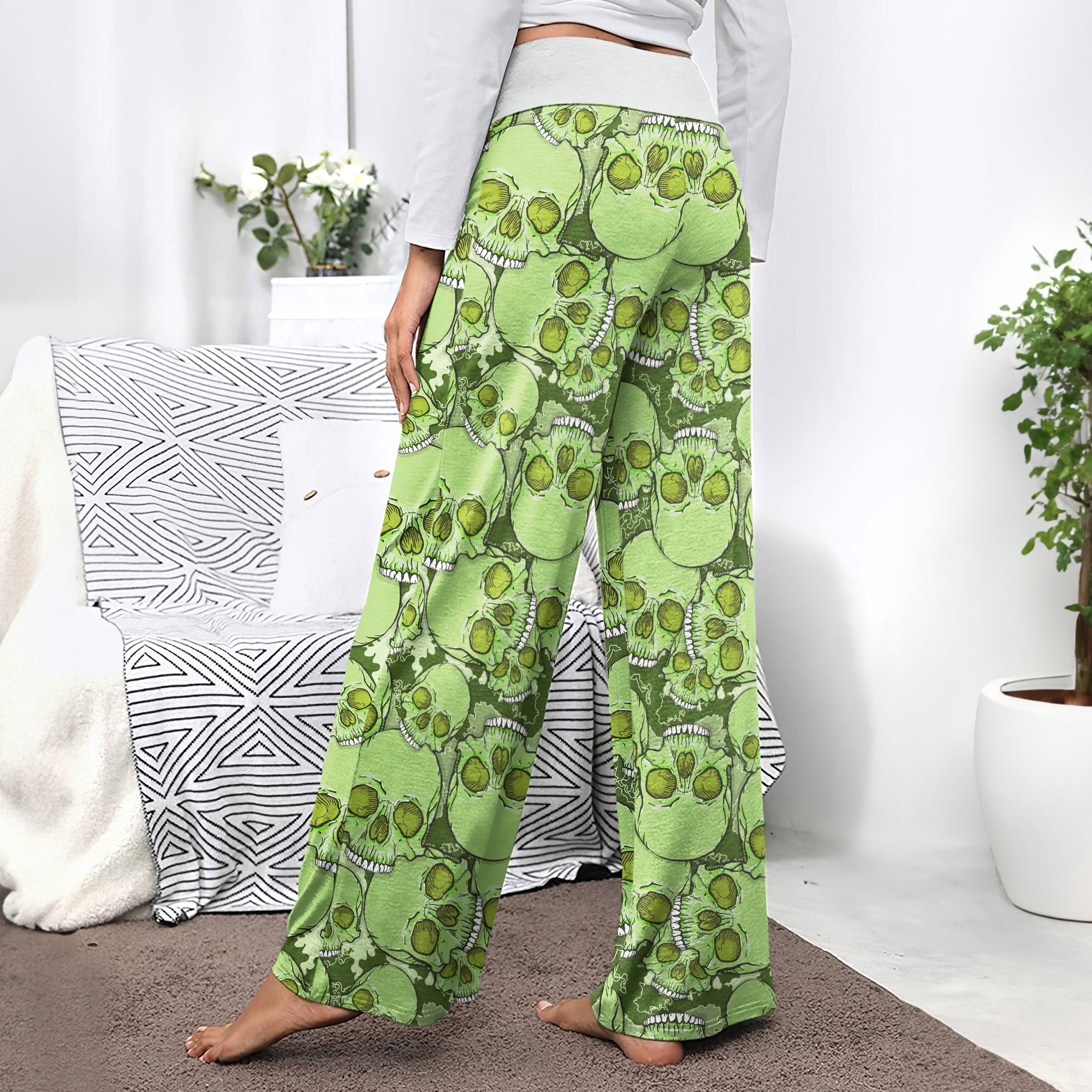 Green Baby Skull Women's High-waisted Wide Leg Pants | Wonder Skull