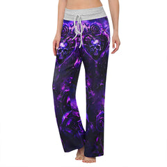 Purple Rose Skull Abstract Women's High-waisted Wide Leg Pants | Wonder Skull