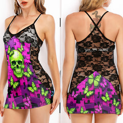 Neon Puzzle Skull Butterfly Women's Black Lace Cami Dress Babydolls Nightgowns