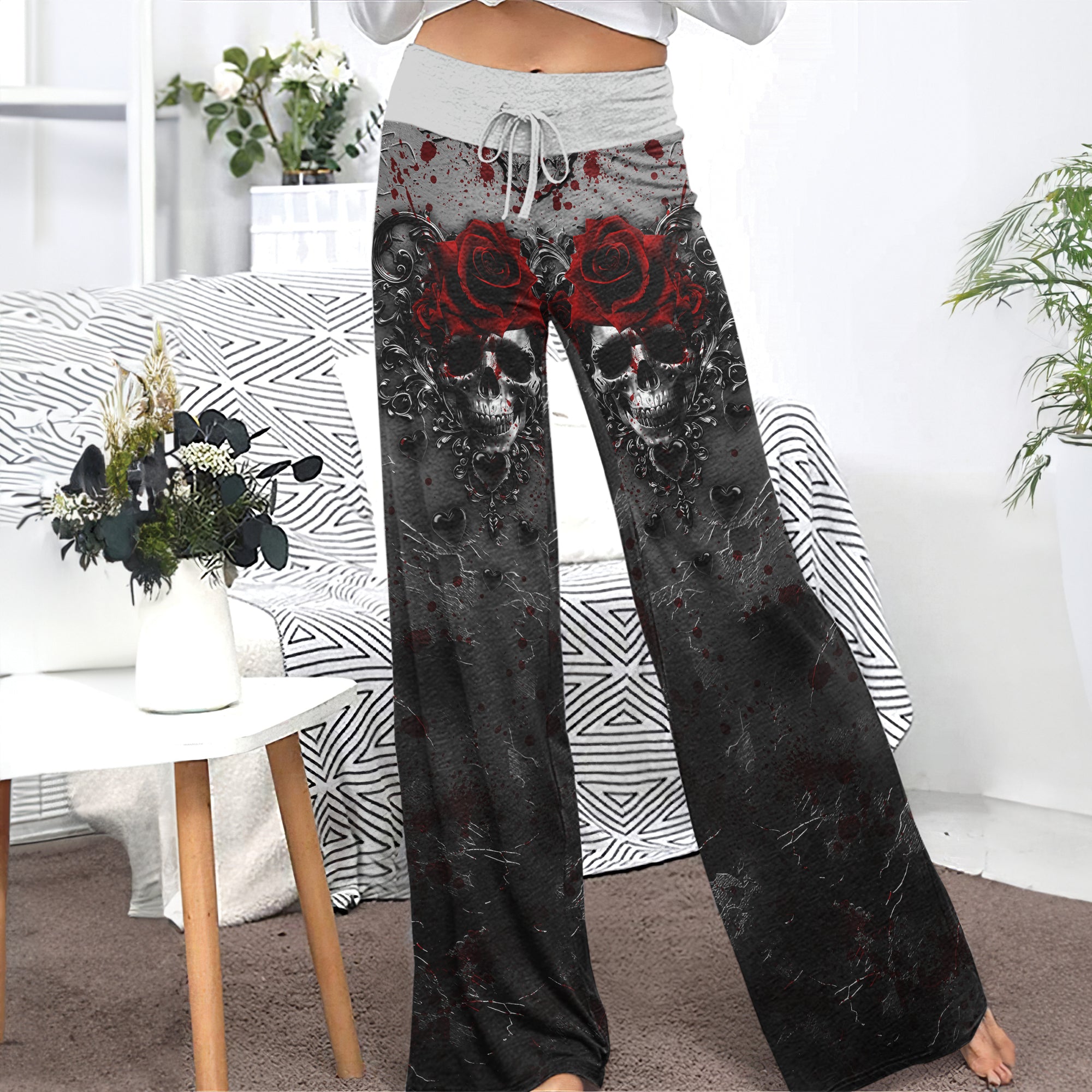 Black Skull Rose Gothic Women's High-waisted Wide Leg Pants | Wonder Skull