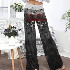 Black Skull Rose Gothic Women's High-waisted Wide Leg Pants | Wonder Skull