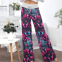 Neon Butterfly Pattern Women's High-waisted Wide Leg Pants