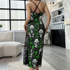 Green Rose Skull Pattern Women's Lace Cami Sleepwear