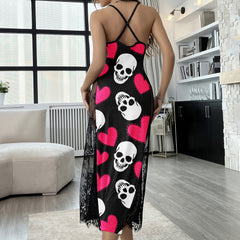 Skull Heart Pink Pattern Women's Lace Cami Sleepwear
