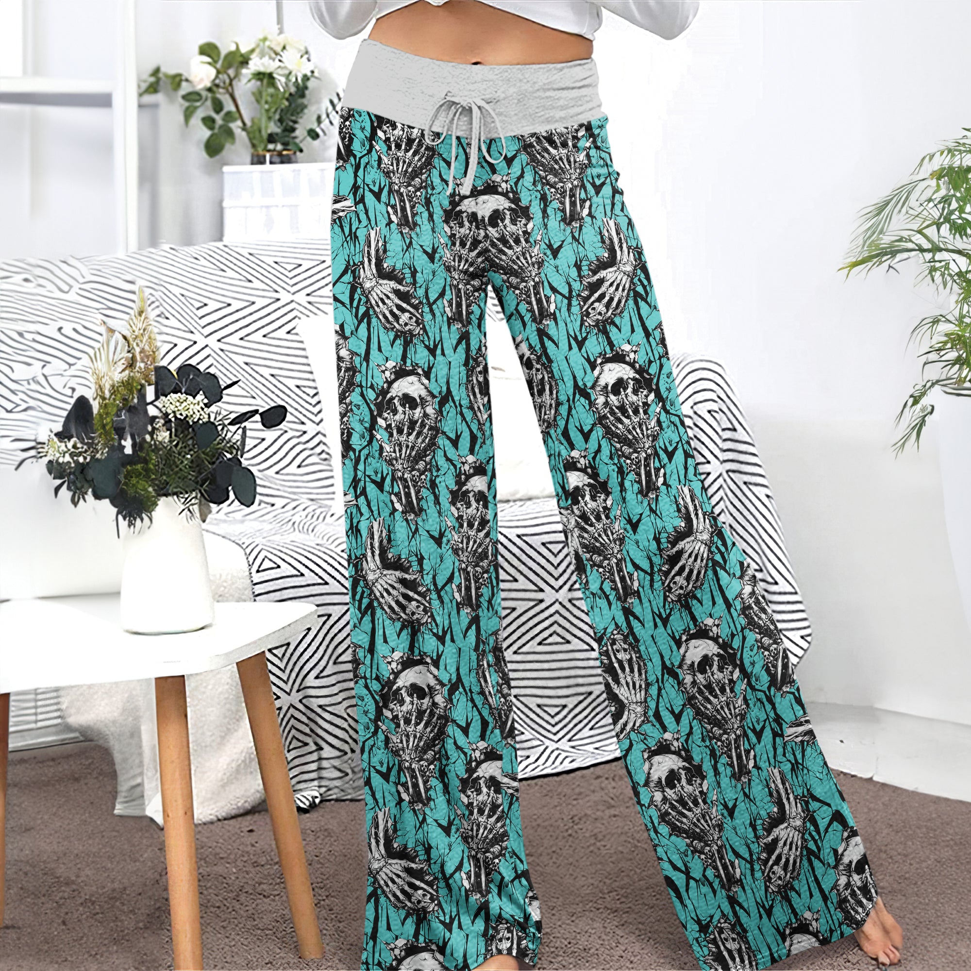 Cyan Skull Pattern Women's High-waisted Wide Leg Pants | Wonder Skull