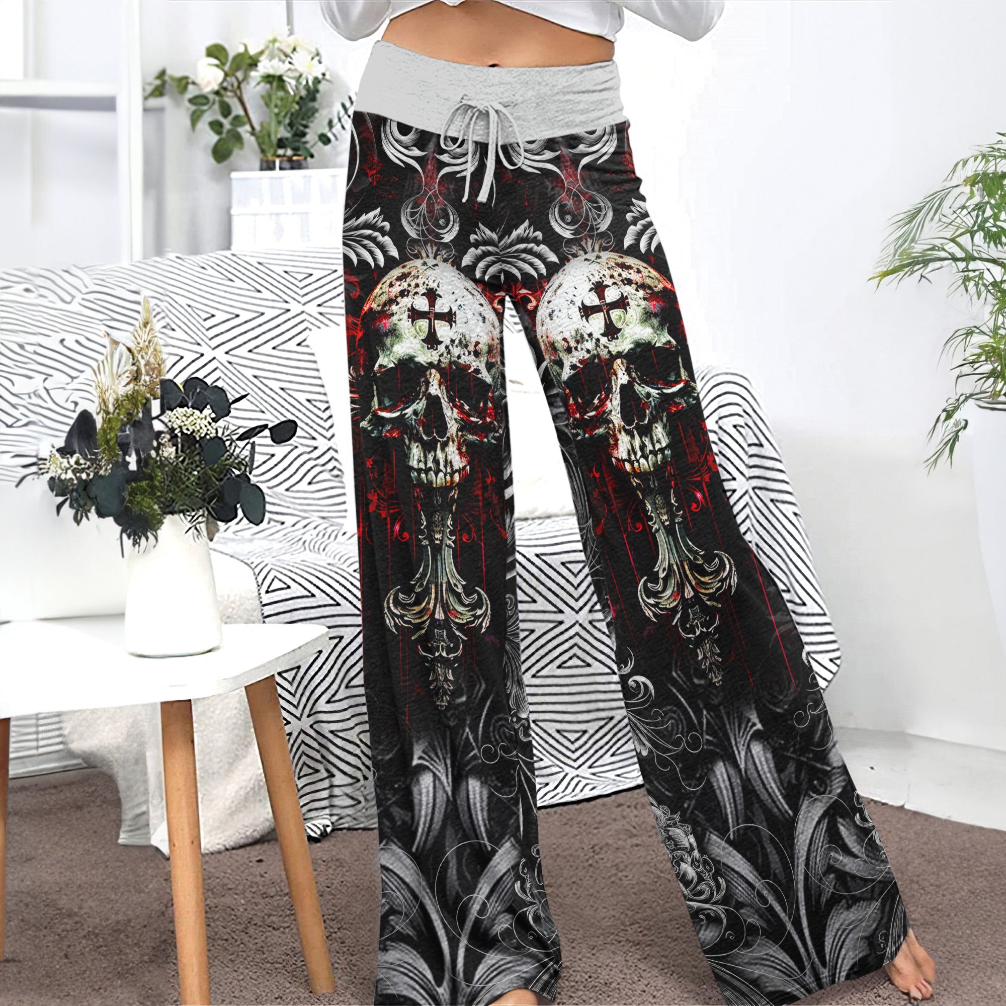 Red Cross Skull Art Women's High-waisted Wide Leg Pants | Wonder Skull