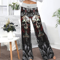 Red Cross Skull Art Women's High-waisted Wide Leg Pants | Wonder Skull