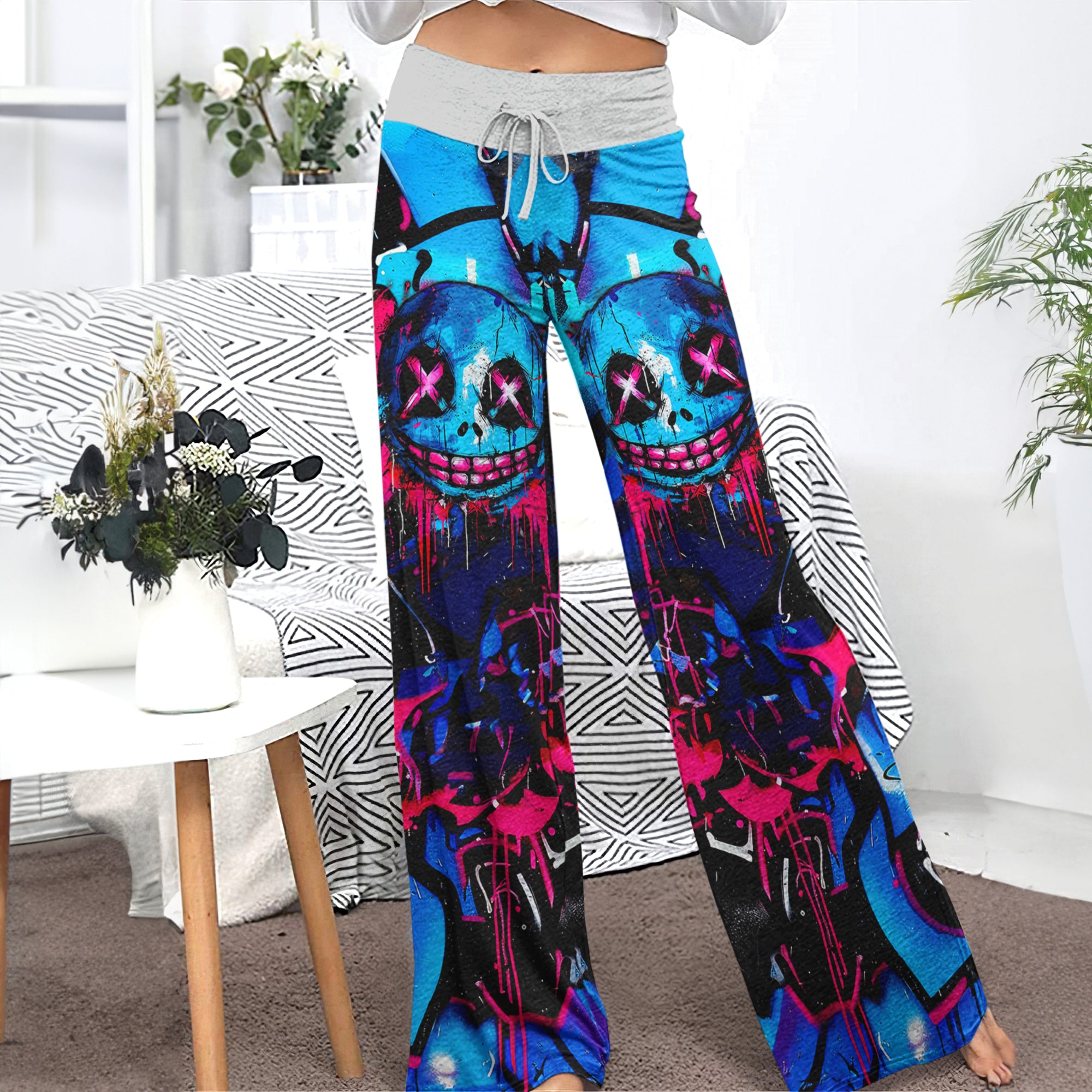 Blue Scary Graffiti Art Women's High-waisted Wide Leg Pants | Wonder Skull