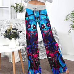 Blue Scary Graffiti Art Women's High-waisted Wide Leg Pants | Wonder Skull