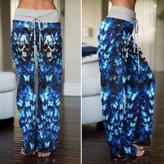 Blue Skull Butterfly Women's High-waisted Wide Leg Pants | Wonder Skull