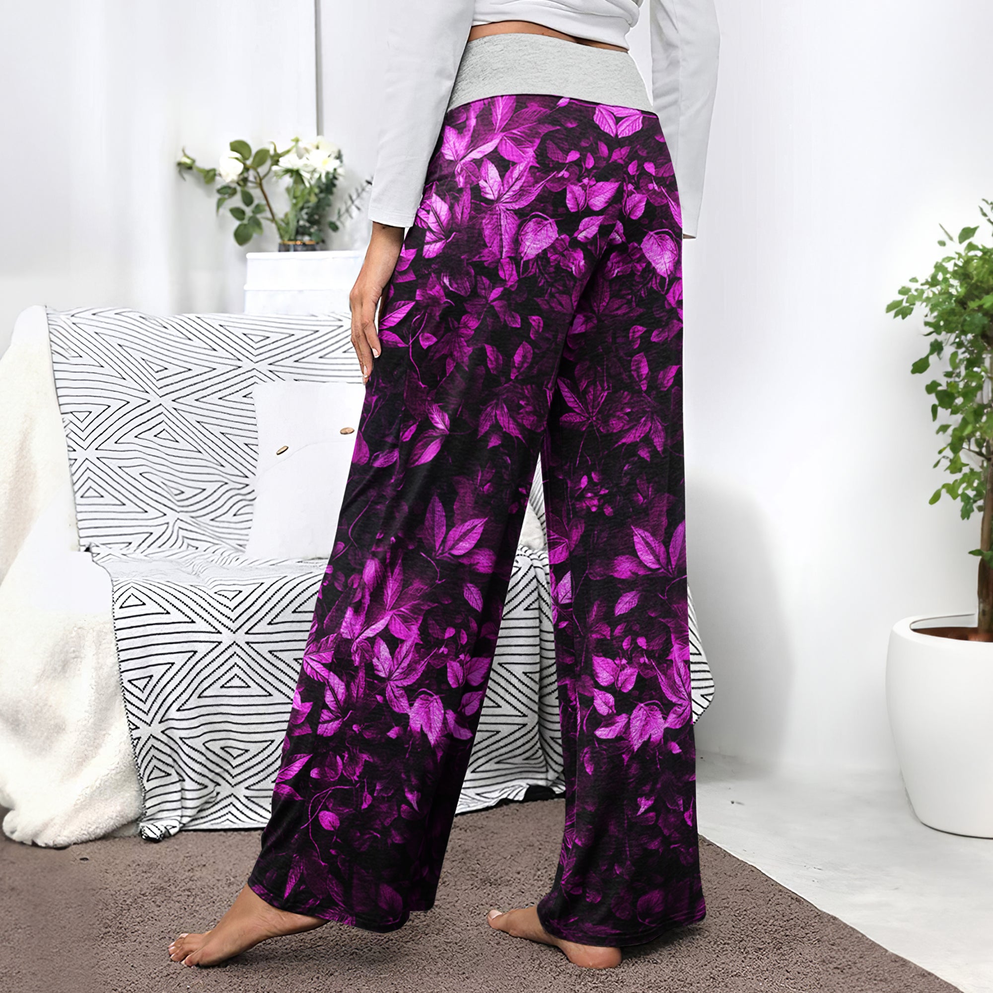Pink Leaf Skull Art Women's High-waisted Wide Leg Pants | Wonder Skull