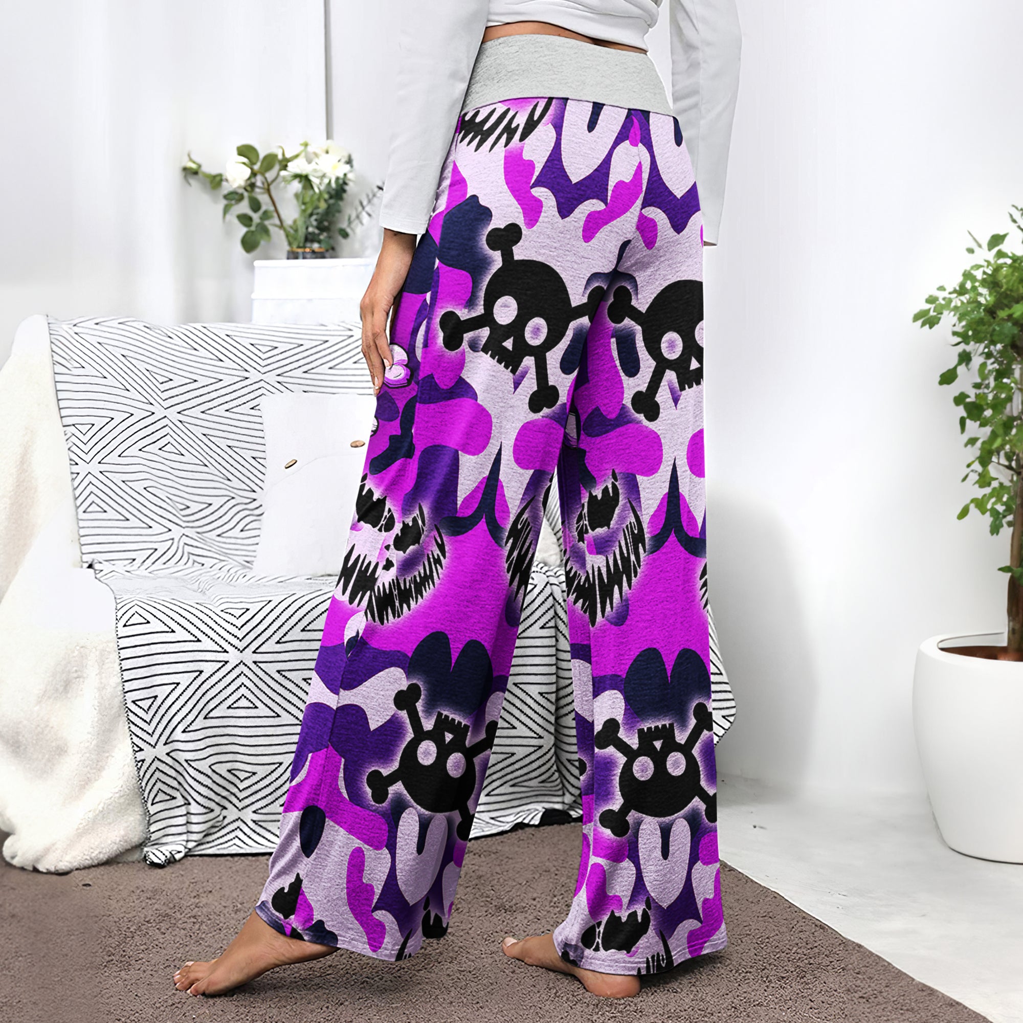 Purple Camo Skull Art Women's High-waisted Wide Leg Pants | Wonder Skull