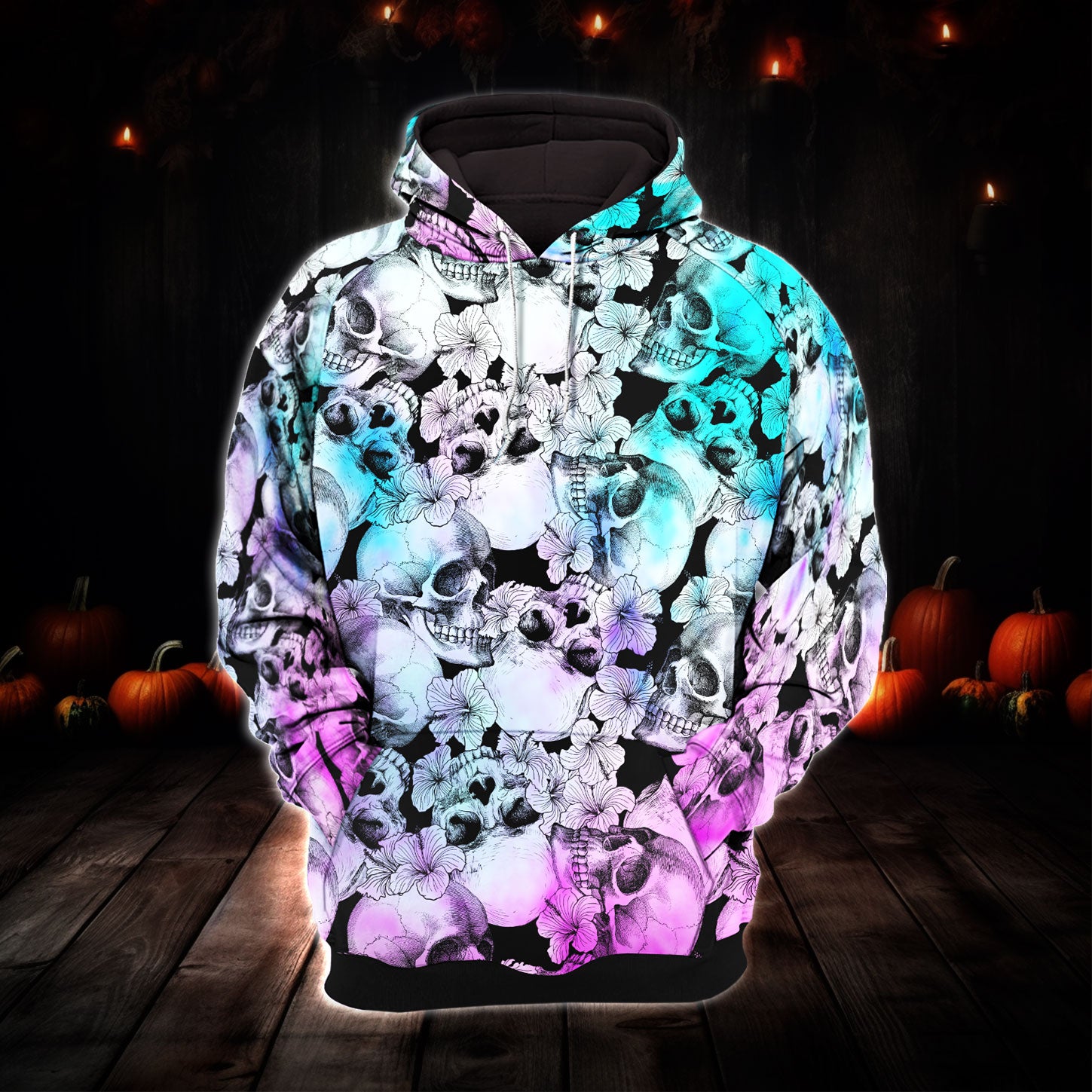 Blue Violet Gradient Skull Combo Hoodie and Leggings - Dark and edgy matching set with skull designs for a unique and stylish look.