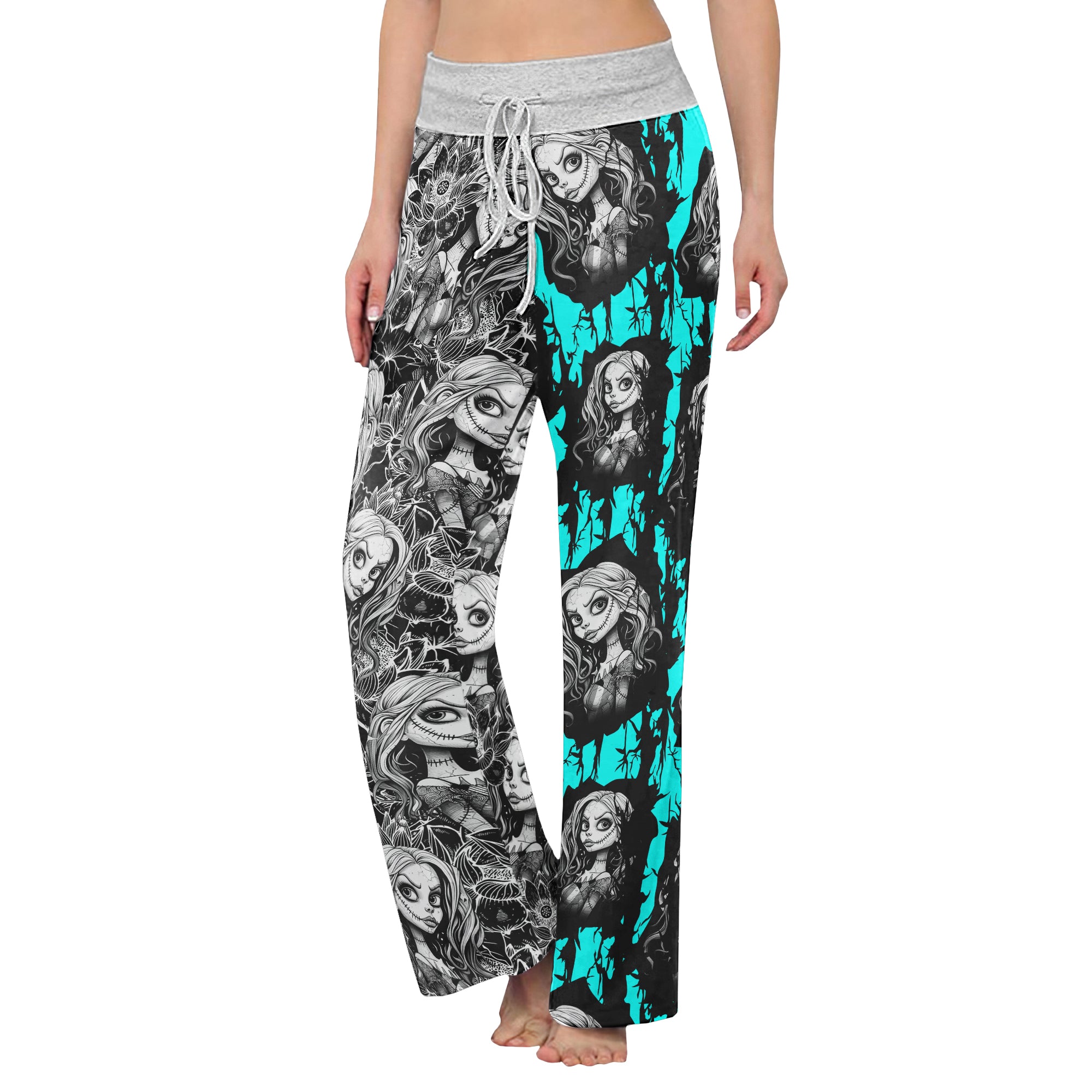 White Cyan Art Theme Women's High-waisted Wide Leg Pants | Wonder Skull