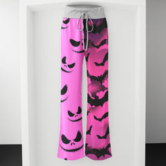 Pink Bat Skull Pattern Women's High-waisted Wide Leg Pants