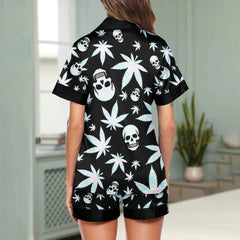 Holographic Skull Leaf Women's Pajama Sets Top Sleeve & Short Bottom