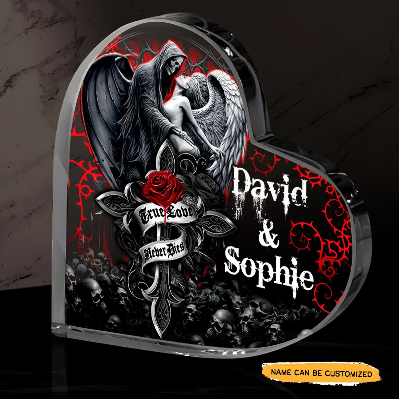 True Love Rose - Customized Skull Couple Crystal Heart Anniversary Gifts