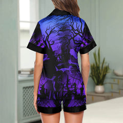 Purple Night Moon Women's Pajama Sets Top Sleeve & Short Bottom