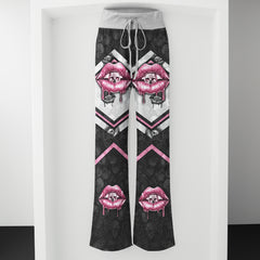 Pink Skull Lip Pattern Women's High-waisted Wide Leg Pants