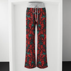 Red Seamless Skull Flower Women's High-waisted Wide Leg Pants