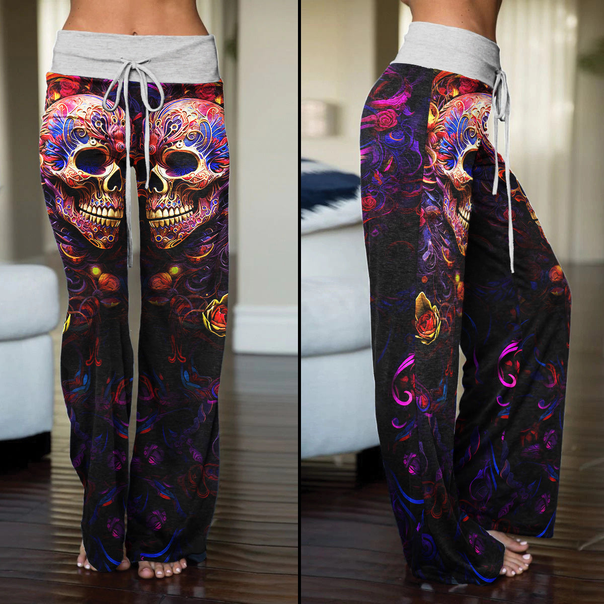Skull Abstract Floral Art Women's High-waisted Wide Leg Pants | Wonder Skull