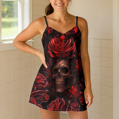 Red Floral Skull Rose Short Cami Dress