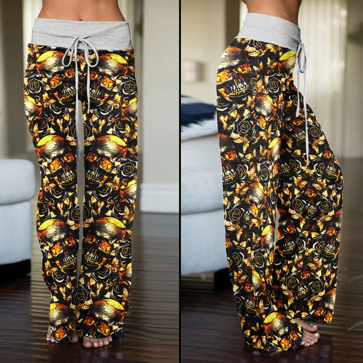 Gold Skull Silver Rose Women's High-waisted Wide Leg Pants | Wonder Skull