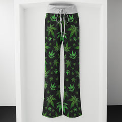 Green Skull Leaf Pattern Women's High-waisted Wide Leg Pants