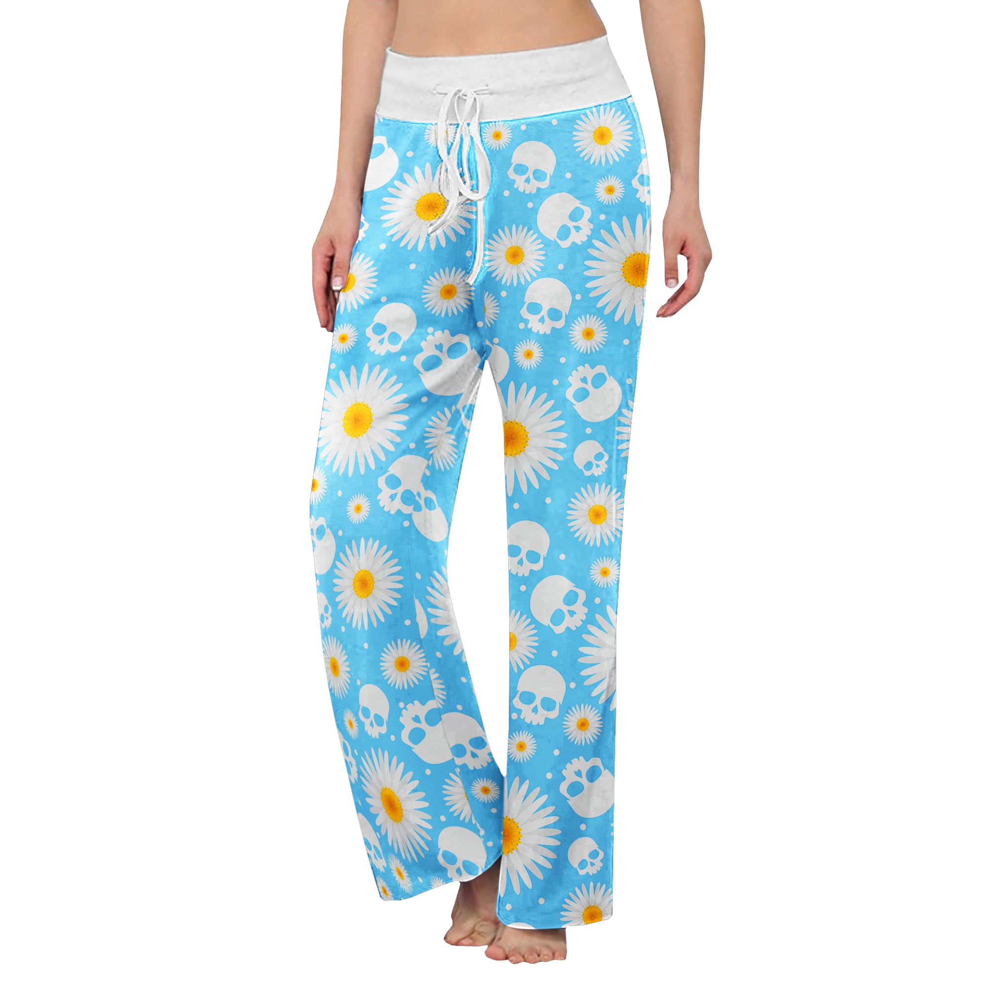 Blue Daisy Skull Women's High-waisted Wide Leg Pants | Wonder Skull