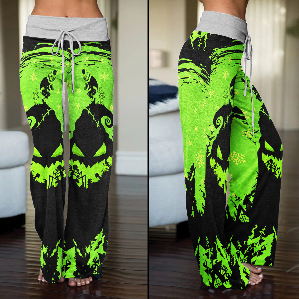 Green Black Christmas Theme Women's High-waisted Wide Leg Pants | Wonder Skull