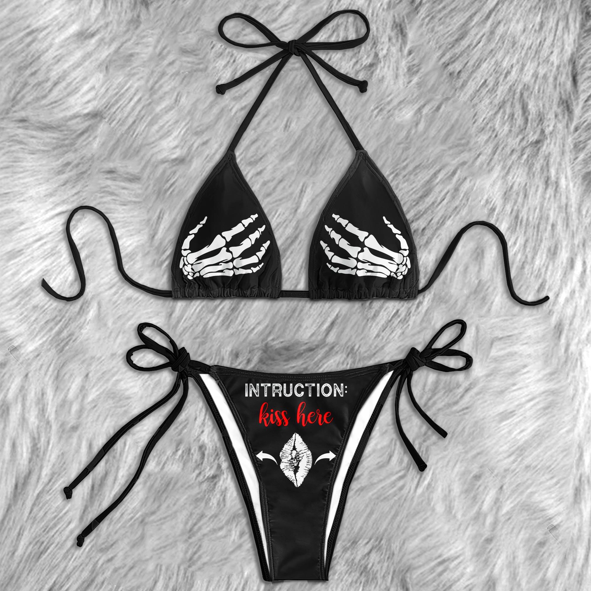 Kiss Here Skull Funny Micro Triangle Bikini Swimsuit - Wonder Skull