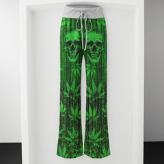 Green Skull Leaf Art Women's High-waisted Wide Leg Pants