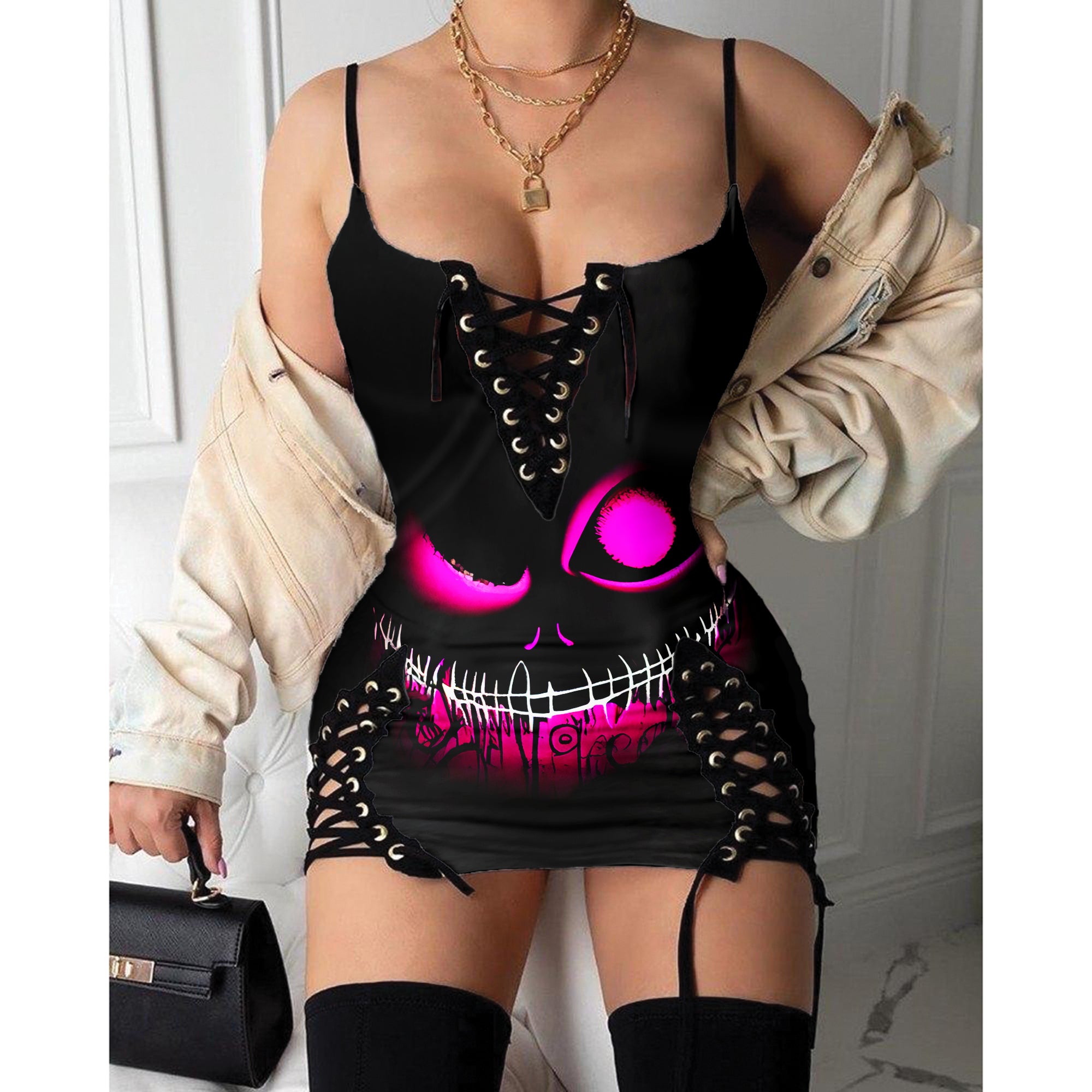 Express your personal style with the Hot Gothic Dress, a timeless piece featuring a unique Pink Scary Face, perfect for enhancing your daily fashion routine.