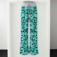 Cyan Whimsical Skull Paisley Women's High-waisted Wide Leg Pants