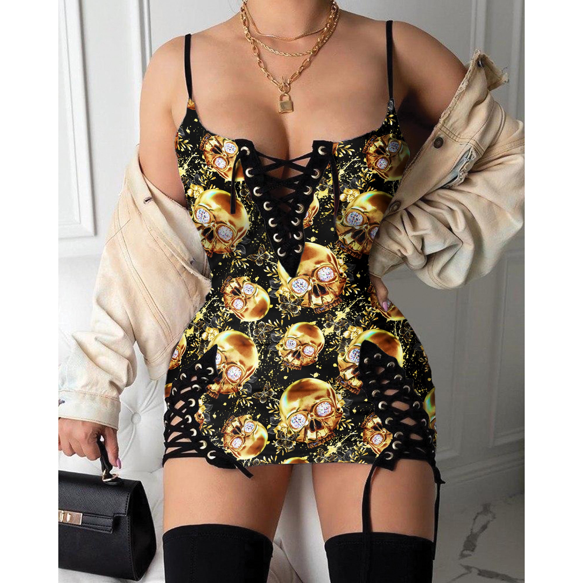 Express your personal style with the Hot Gothic Dress, a timeless piece featuring a unique Gold Skull Butterfly Pattern, perfect for enhancing your daily fashion routine.