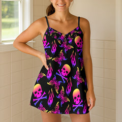 Neon Skull Fire Pattern Short Cami Dress
