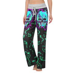 Electric Cyan Skull Women's High-waisted Wide Leg Pants | Wonder Skull
