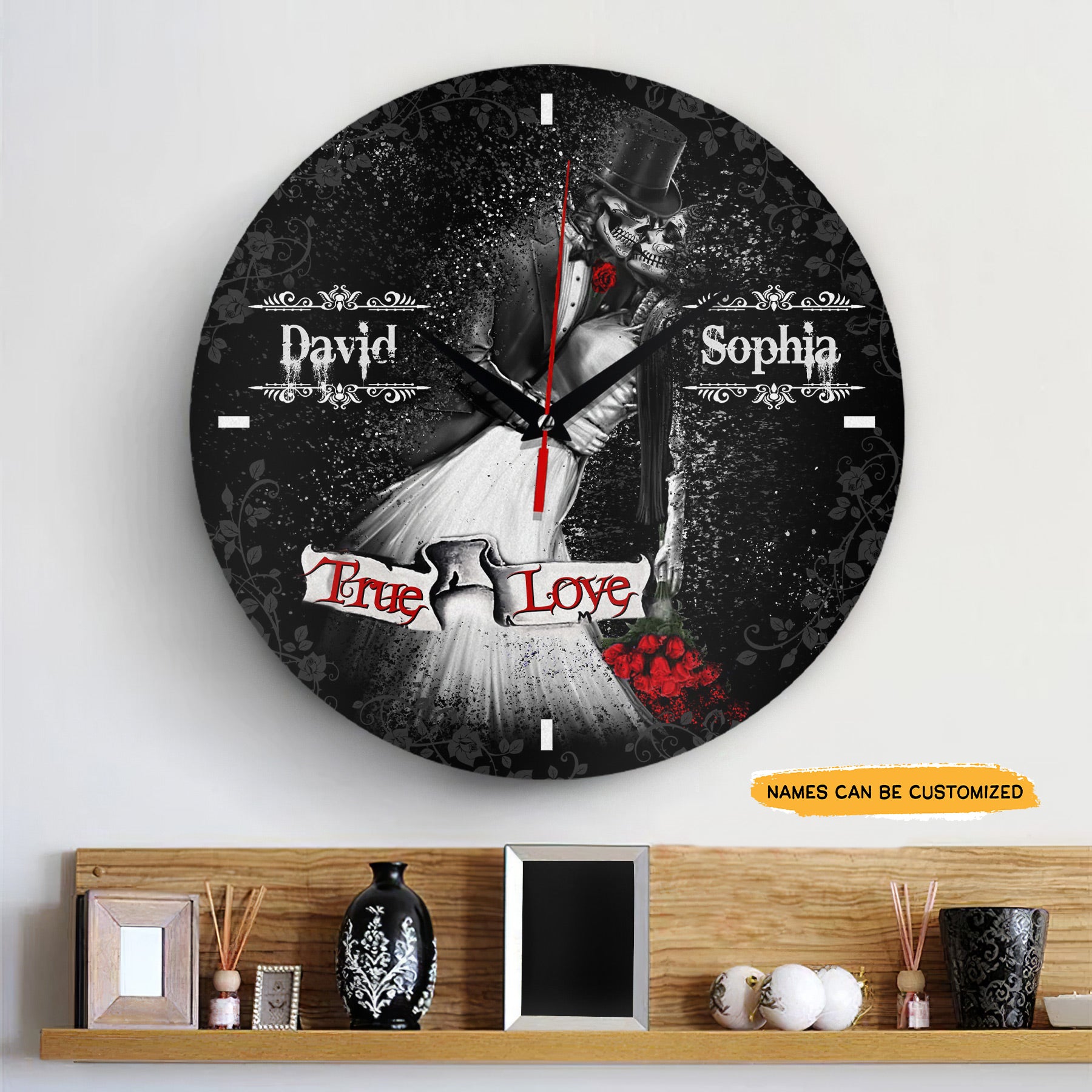 Skull Couple Faded Effect Elegant engraved clock, a sentimental keepsake for your special occasion and enduring love.