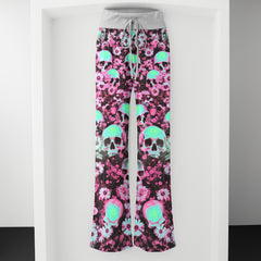 Neon Skull Flower Pattern Women's High-waisted Wide Leg Pants