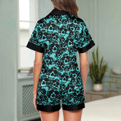 Cyan Skull Pattern Women's Pajama Sets Top Sleeve & Short Bottom