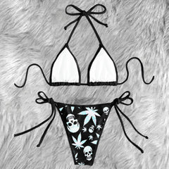 Holographic Leaf Skull Fabric Micro Triangle Bikini Swimsuit